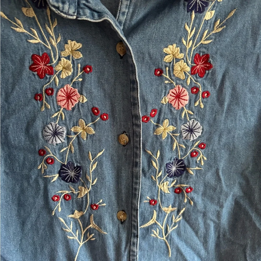 Embroidered Denim Button Down Shirt - Picture 2 of 5